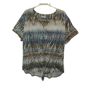 Est. 1946 XL blue geometric short sleeve tunic blouse tie front. 7023